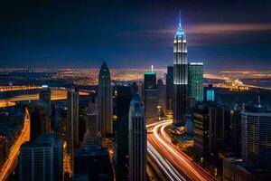 el ciudad horizonte a noche con tráfico luces. generado por ai foto