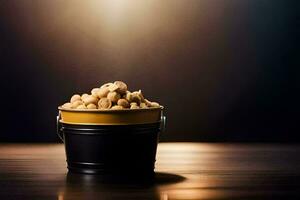a bucket filled with peanuts on a table. AI-Generated photo