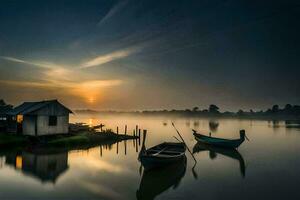 barcos en el agua a amanecer. generado por ai foto