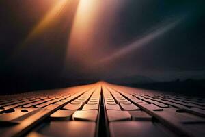 a keyboard is seen in the dark with light shining through it. AI-Generated photo