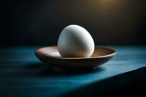 an egg on a wooden bowl. AI-Generated photo