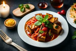 a plate of food with tofu, vegetables and sauce. AI-Generated photo