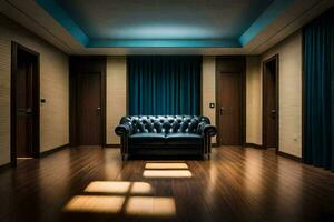 a room with a leather couch and blue curtains. AI-Generated photo