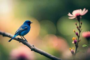 un azul pájaro es sentado en un rama con rosado flores generado por ai foto