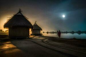 a man and woman walk along the shore of a lake at night. AI-Generated photo