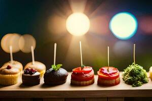 a row of mini desserts on a wooden tray. AI-Generated photo