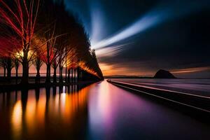 a long exposure photograph of a tree line and water. AI-Generated photo