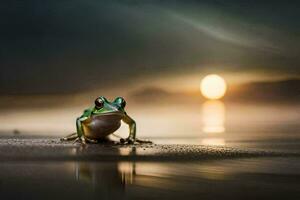 un rana se sienta en el playa a puesta de sol. generado por ai foto