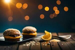 two mini burgers on a plate with a lemon. AI-Generated photo