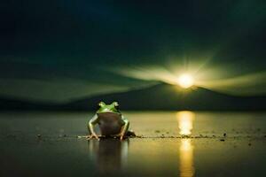 a frog sitting on the beach at night with the sun setting behind it. AI-Generated photo