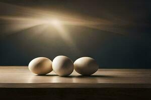Tres huevos en un mesa con un ligero brillante detrás a ellos. generado por ai foto