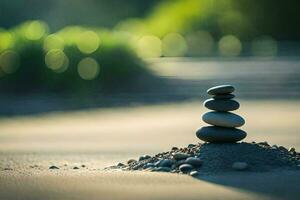 a stack of rocks sitting on top of a sandy beach. AI-Generated photo