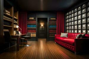 a red leather couch in a room with bookshelves. AI-Generated photo
