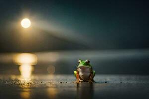 a frog sitting on the ground at night with the moon in the background. AI-Generated photo