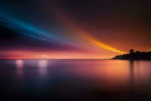 un vistoso puesta de sol terminado el océano. generado por ai foto