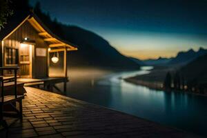 un cabina se sienta en el borde de un lago a noche. generado por ai foto