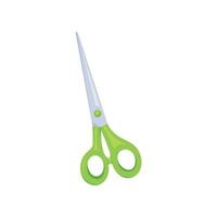 Cartoon style scissors with green handles. Sewing or tailoring tool. Vector illustration of scissor equipment on a white background. Isolated vector icon of scissors.