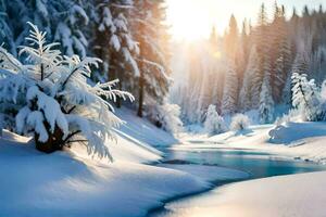 invierno paisaje con nieve cubierto arboles y un río. generado por ai foto