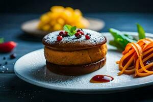 a plate with a cake and vegetables on it. AI-Generated photo