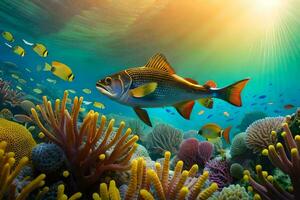 fish swimming in the ocean with coral reefs and fish. AI-Generated photo
