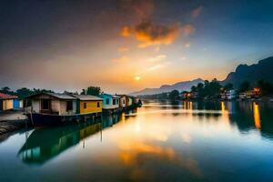 a boat is docked in the water at sunset. AI-Generated photo