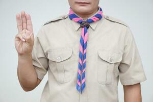 Hand sign code of scout. Concept, Scout activity that teaching in schools Thailand. Hand signs and symbols which meaningful in scouting lesson. Show hand sign for oath. photo