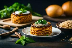 spaghetti with meat sauce and vegetables on a wooden table. AI-Generated photo