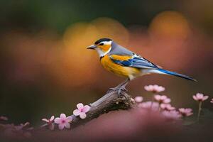 un pájaro es encaramado en un rama con rosado flores generado por ai foto