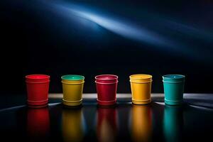 five colorful cups on a dark background. AI-Generated photo