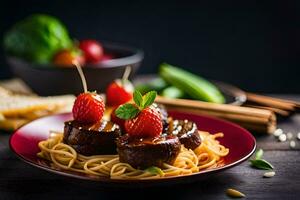 a plate of spaghetti with meat and strawberries. AI-Generated photo