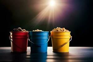 three buckets of popcorn on a table. AI-Generated photo
