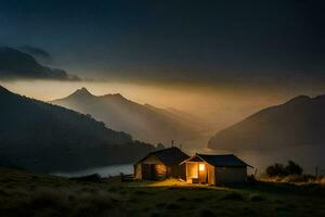 un cabina en el montañas a oscuridad. generado por ai foto