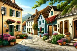 a painting of a street with flowers and houses. AI-Generated photo