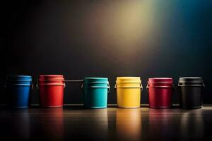 a row of colorful buckets on a dark background. AI-Generated photo