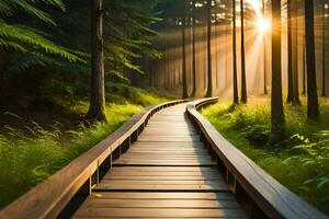 a wooden path in the forest with sun shining through. AI-Generated photo