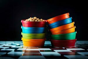 a stack of colorful plastic containers with nuts. AI-Generated photo