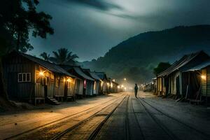 a man walks down a road at night with a train track. AI-Generated photo