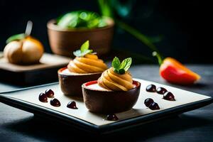 two desserts on a plate with fruit and spices. AI-Generated photo