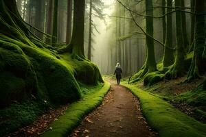 a person walking through a forest with mossy trees. AI-Generated photo