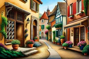 a painting of a street in a small town. AI-Generated photo