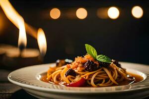 spaghetti with meat and vegetables in a white plate. AI-Generated photo