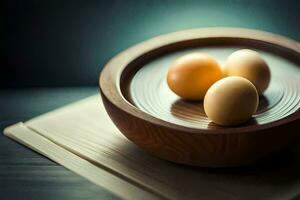 three eggs in a wooden bowl on a table. AI-Generated photo