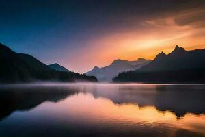 a beautiful sunset over a lake with mountains in the background. AI-Generated photo