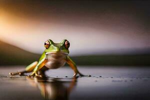 a frog is standing on a wet surface. AI-Generated photo