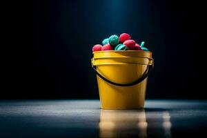 a bucket filled with colorful pills on a dark background. AI-Generated photo
