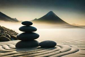 a stack of rocks in the sand with mountains in the background. AI-Generated photo