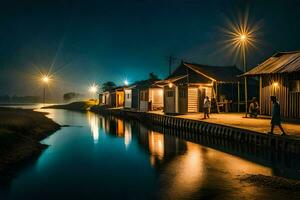 a river at night with houses and people walking along it. AI-Generated photo