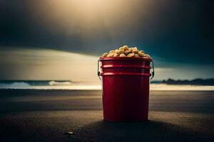 a bucket of peanuts on the beach. AI-Generated photo