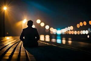 un hombre sentado en el suelo a noche con luces en el antecedentes. generado por ai foto