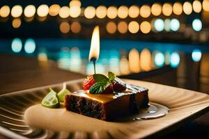 a piece of cake with a candle on it next to a pool. AI-Generated photo